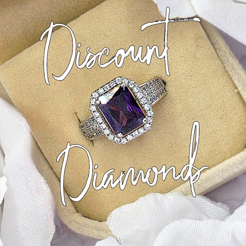 Amethyst & Clear White Baguette Diamond Cocktail Ring on 925 Silver